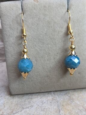 Gold-Plated Blue Apatite Faceted GemStone Drop Earrings - Women Jewelry